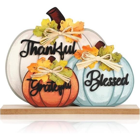 3 Pcs Fall Pumpkin Decor Wooden Table Sign Thankful Blessed Grateful Tabletop - Picture 8 of 8